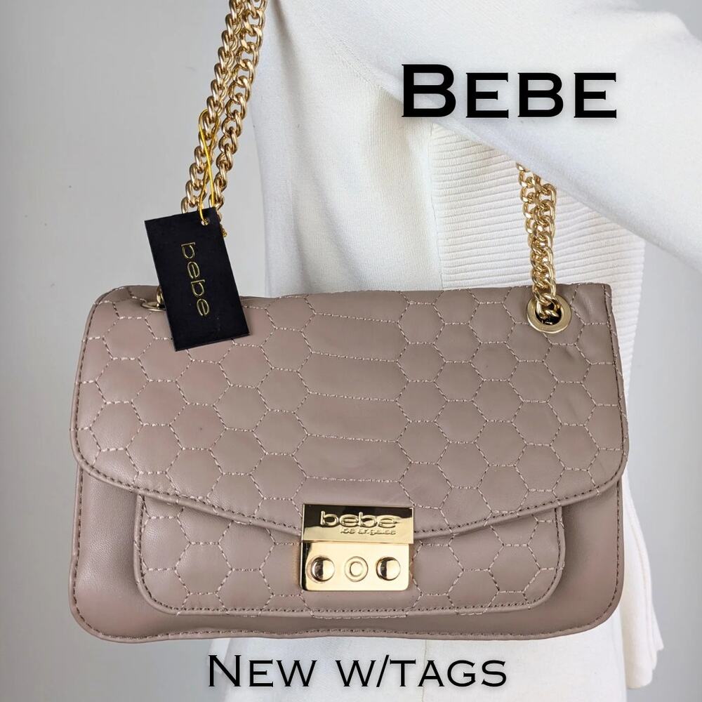 Bebe Shoulder Crossbody Bag Stone Tan Quilted Faux Leather Gold Chain Strap NEW